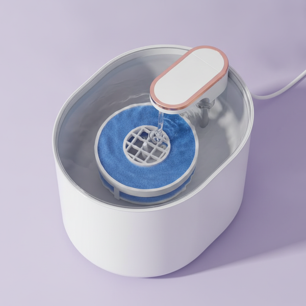 Close-up of the Purriva 3L cat water fountain's interior, showing a multi-stage activated carbon filter surrounded by clear, 