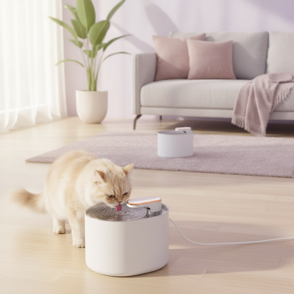A fluffy cat drinks from a white 3L Automatic Cat Water Fountain in a modern home. Another fountain is in the background.