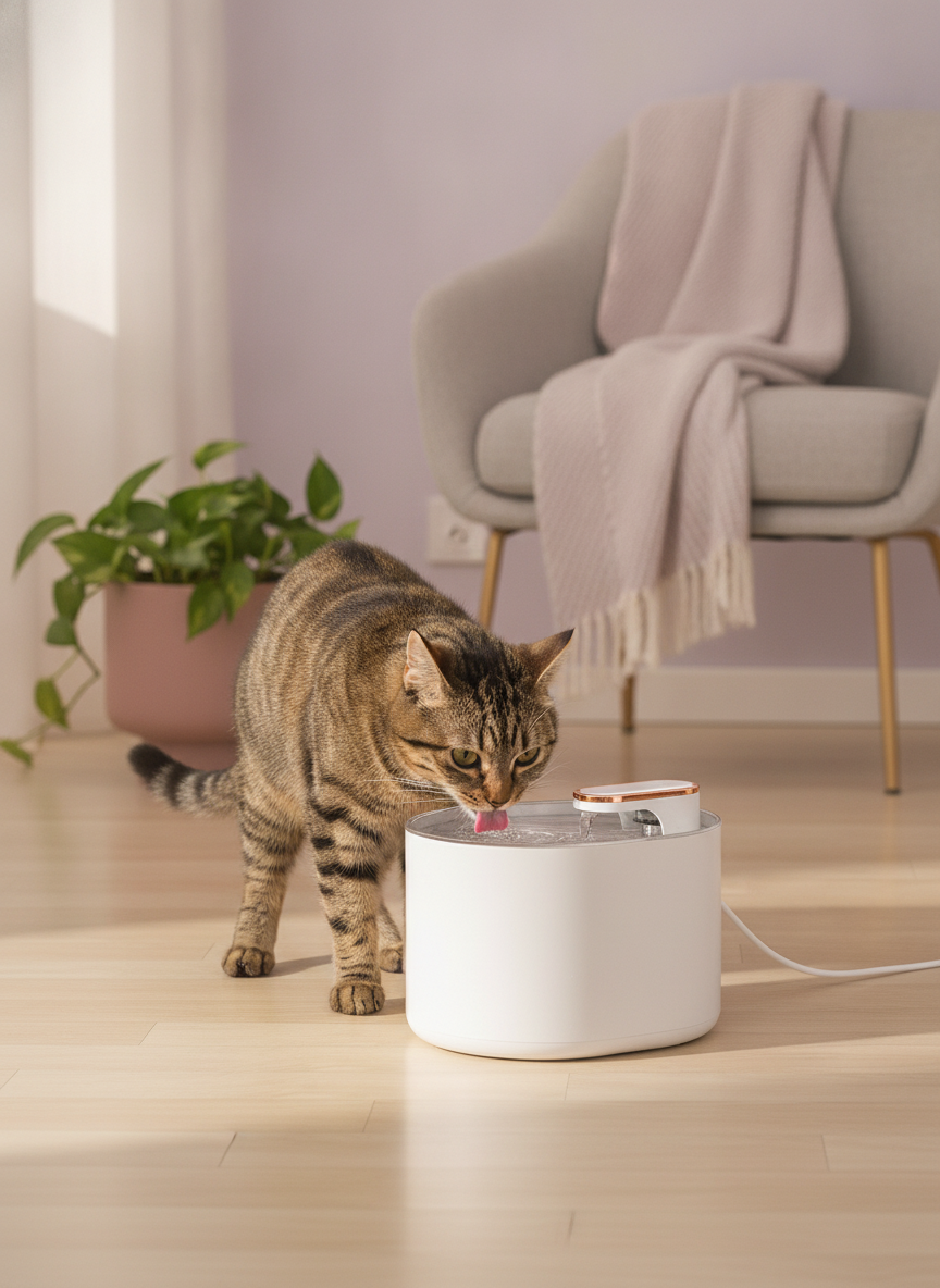 A content short-haired cat drinks from a white 3L automatic cat water fountain in a modern living room with lavender and dust