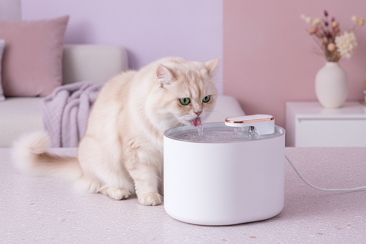 A white 3L automatic cat water fountain with circulating water, a fluffy cat drinking from it, set in a modern home with lave